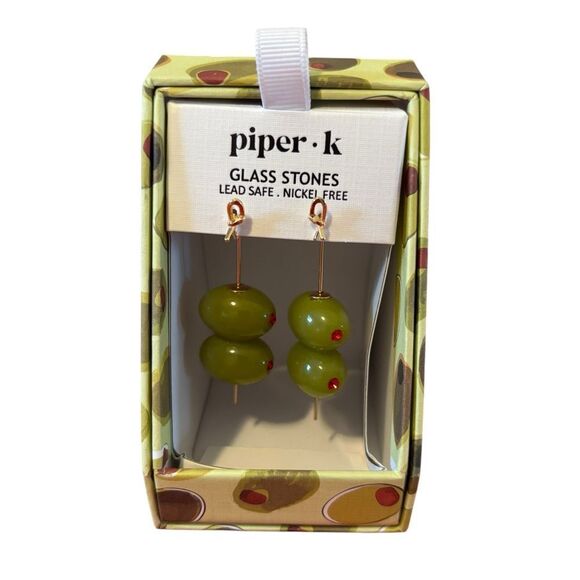 Piper.K Double Drop Green Glass Martini Olive Earrings. - Picture 4 of 6